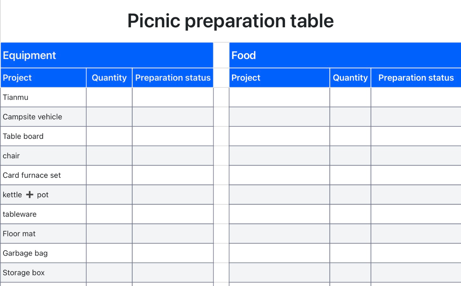 Picnic part preparation table 1